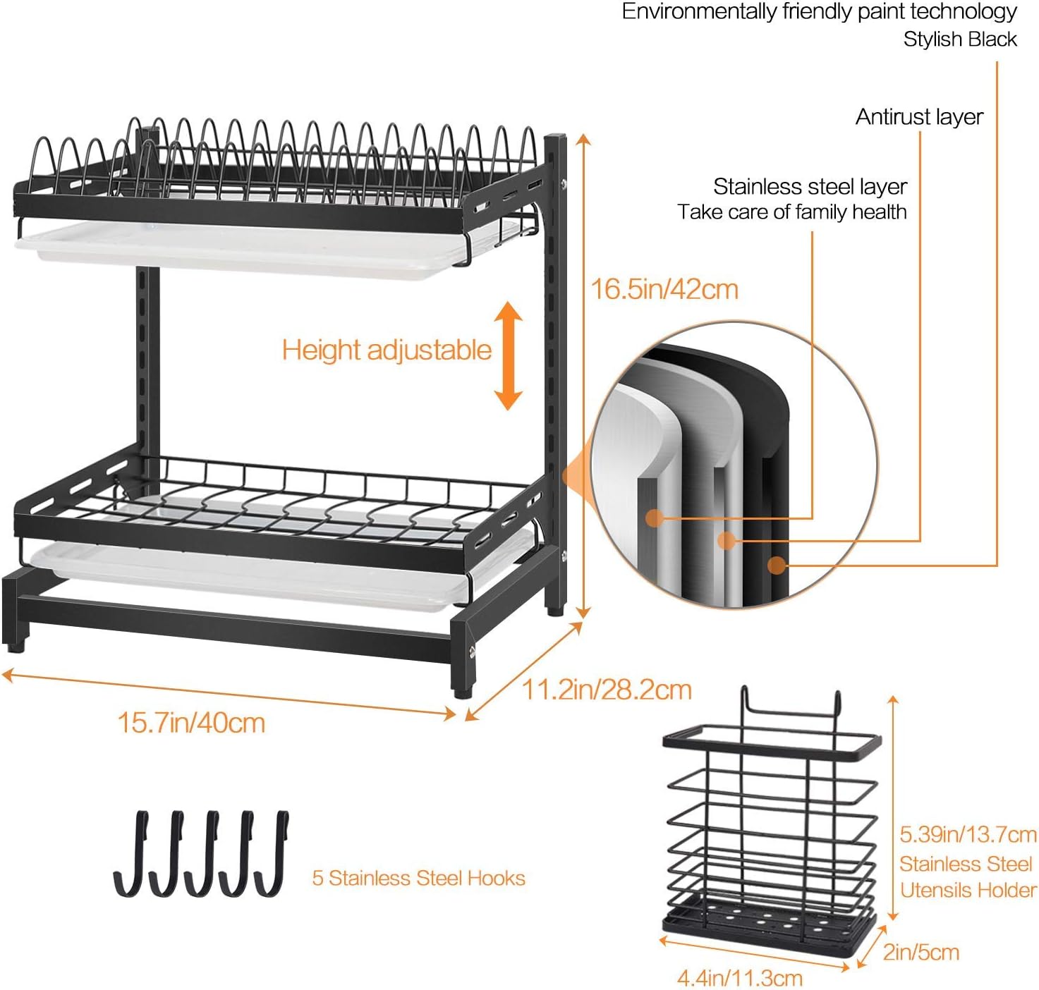 X-cosrack Dish Drying Rack 2 Tier 304 Stainless Steel Dish Rack with Drainboard Utensil Holder Hooks, Height-Adjustable Detachable Dish Drainer for Kitchen Countertop Black