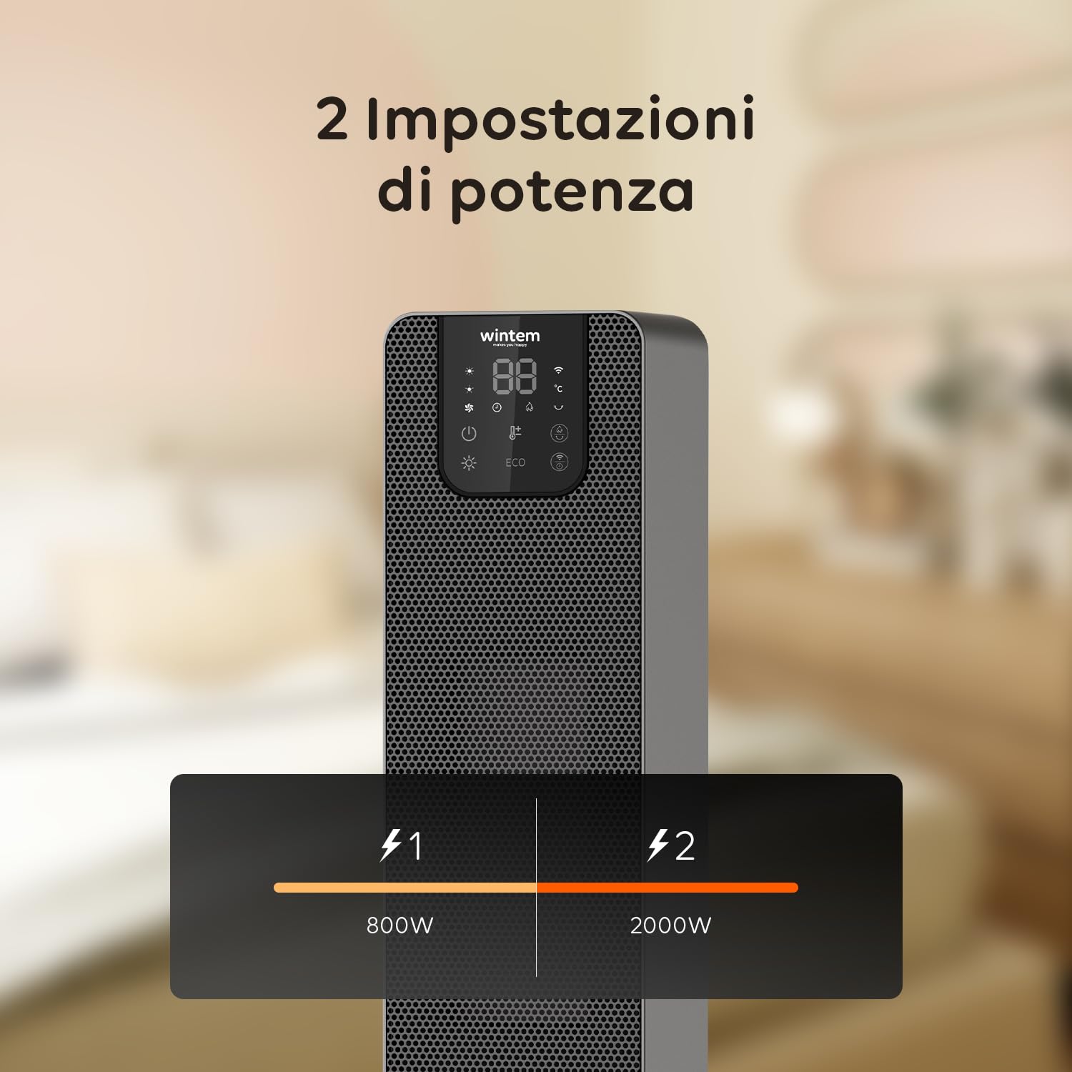 Stufa a Torre con Effetto fiamma e Controllo da Smartphone con App Caminetto Elettrico Doppia Potenza 800/2000W Display a LED con Telecomando