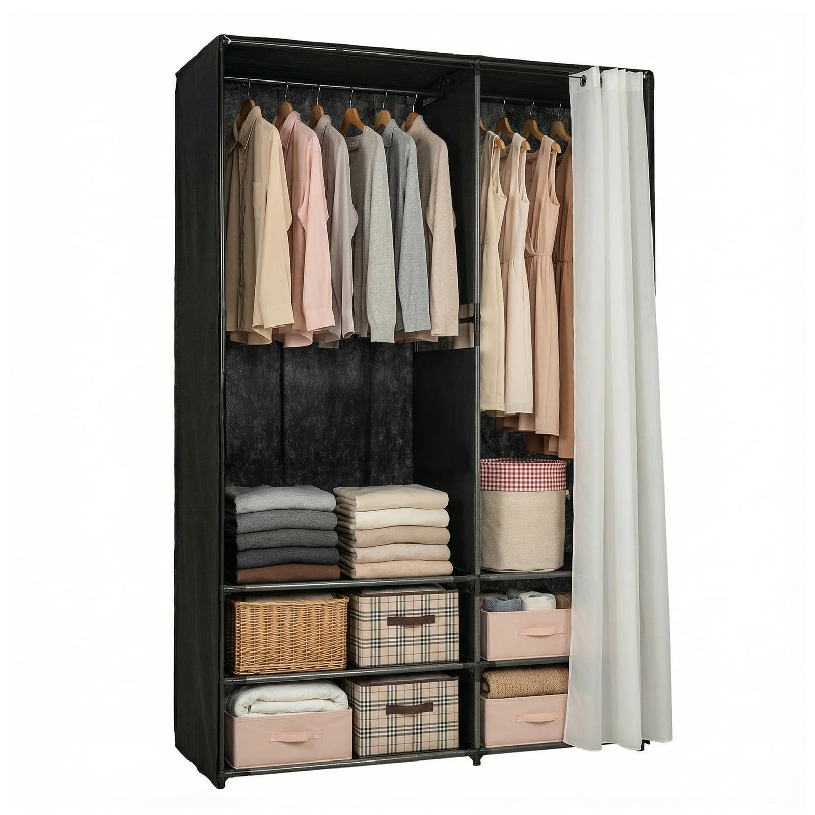 EVERGOODS Portable Fabric Wardrobe Closet 106 × 43 × 166 cm, Freestanding Clothes Storage Organizer with Hanging Rail & Shelves, Dustproof Curtain for Bedroom, Apartment, Dorm, Living Room (Black)