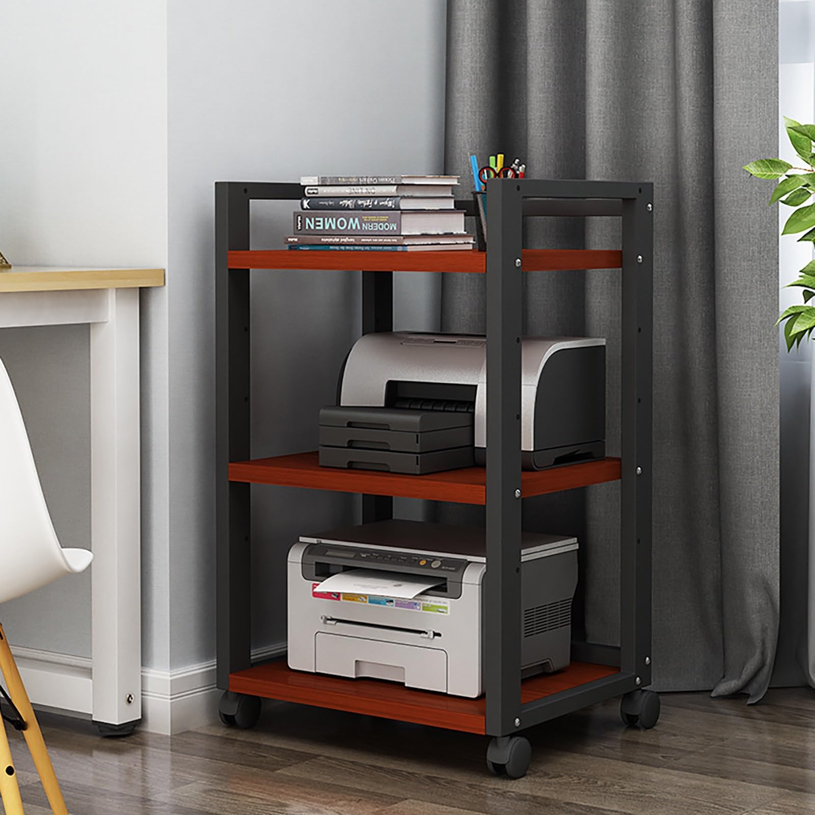 Soporte de altavoz moderno en madera noble con estantes para AV