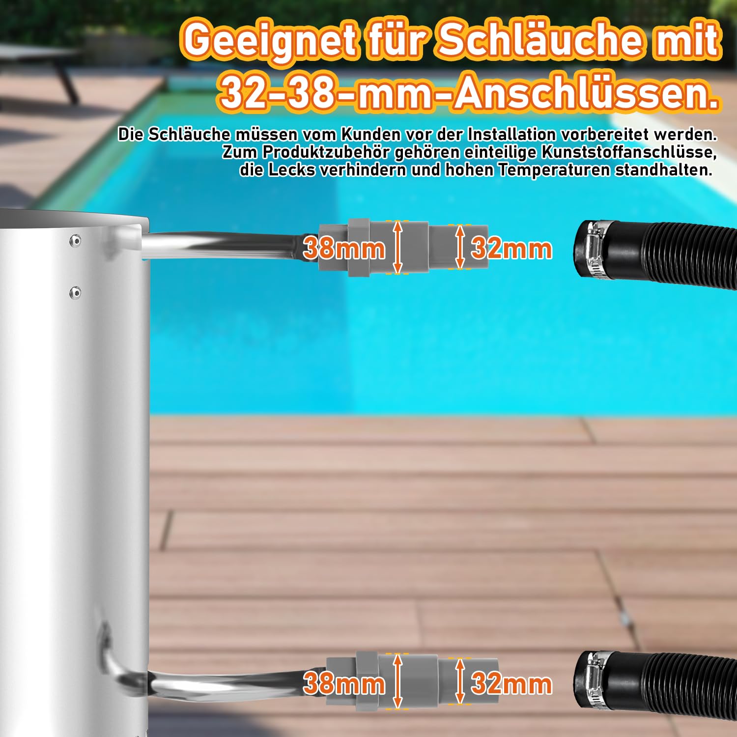 Calefacción para piscina de leña, calefacción de piscina con fuego, calentador de piscina, barril de fuego de acero inoxidable, cubo de fuego climatizado, 32/38 mm, conectores 100% de acero