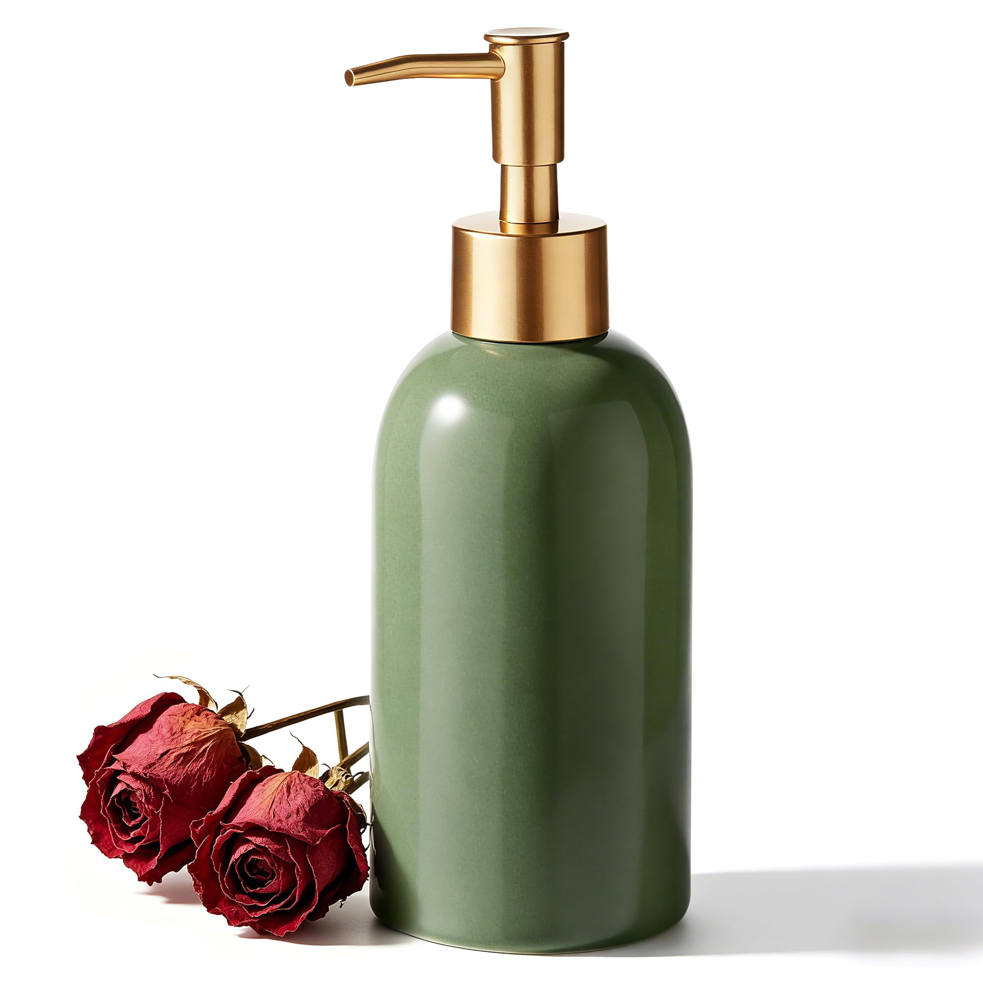 Hejo 350ml Dispensador de Jabón, dispensador jabon baño de Cerámica, Dosificador Jabon Reemplazable con Bomba de Dorado Mate, Soap Dispenser para Baño, Cocina y Lavandería (Verde)
