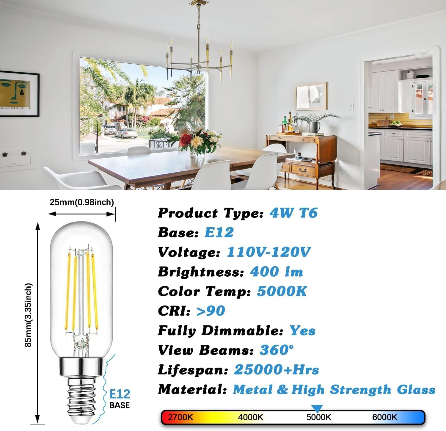 Brightever E12 LED Light Bulbs 40 Watt Equivalent, 4W Candelabra Dimmable Edison Bulbs, 5000K T6 Bulbs for Chandelier Ceiling Fan Light 400LM, Vintage T25 Tubular Small Filament Bulbs, 24 Packs