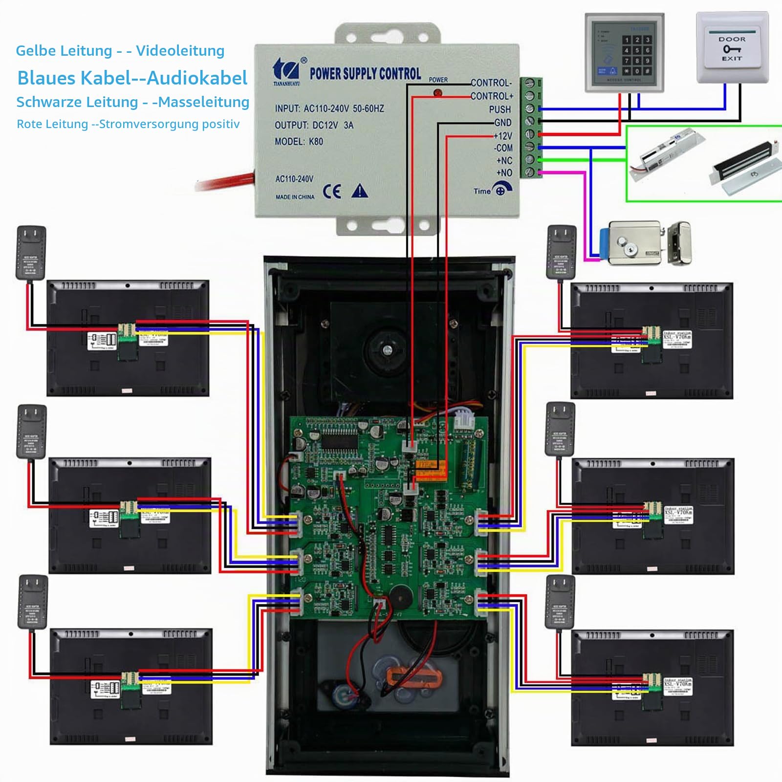 Verdrahtete Video-Sprechanlage für Wohnungen, 6 Einheiten 7-Zoll-Monitor-Video-Türsprechanlage, Indoor Outdoor-Video-Türklingel, ID-Karte entriegeln, 2-Wege-Audio für Haus Wohnung (sechs Monitore)