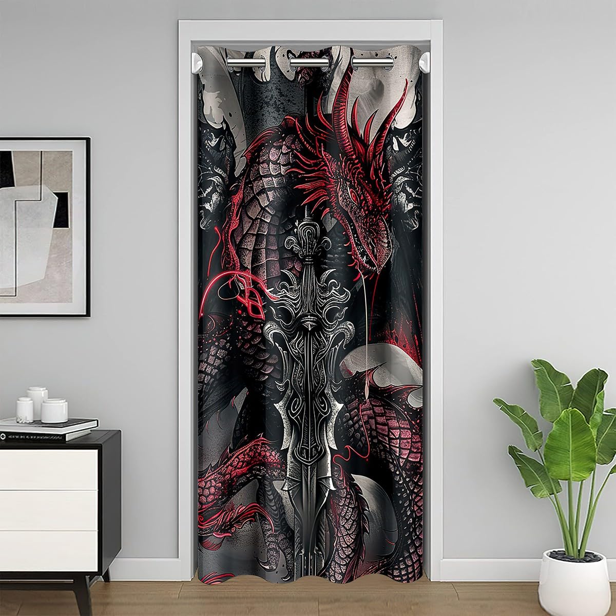 Rideau de porte pour cacher un placard motif épée antique gothique