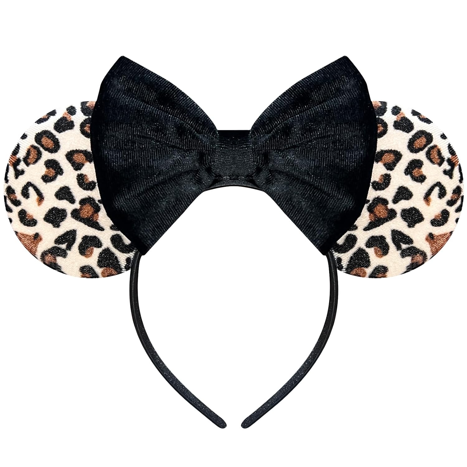 Leopard Print Mouse Ears Headband for Women Black Fuzzy Bows Park Ears Cute Hair Band