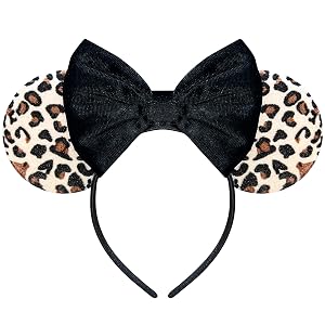 Leopard Print Mouse Ears Headband for Women Black Fuzzy Bows Park Ears Cute Hair Band