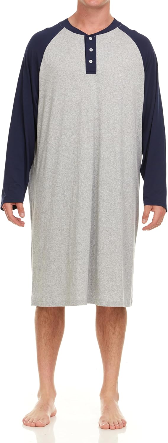 Mens Nightshirt - Long Sleeve Lounge, Sleep Henley Shirt Pajama - Mens Nightgown/Big Sleeping Top, Black