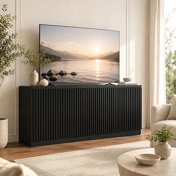 63 Fluted TV Stand for TVs up to 75, Modern Media Console with Storage Cabinets & Adjustable Shelves,Entertainment Center for Living Room Bedroom