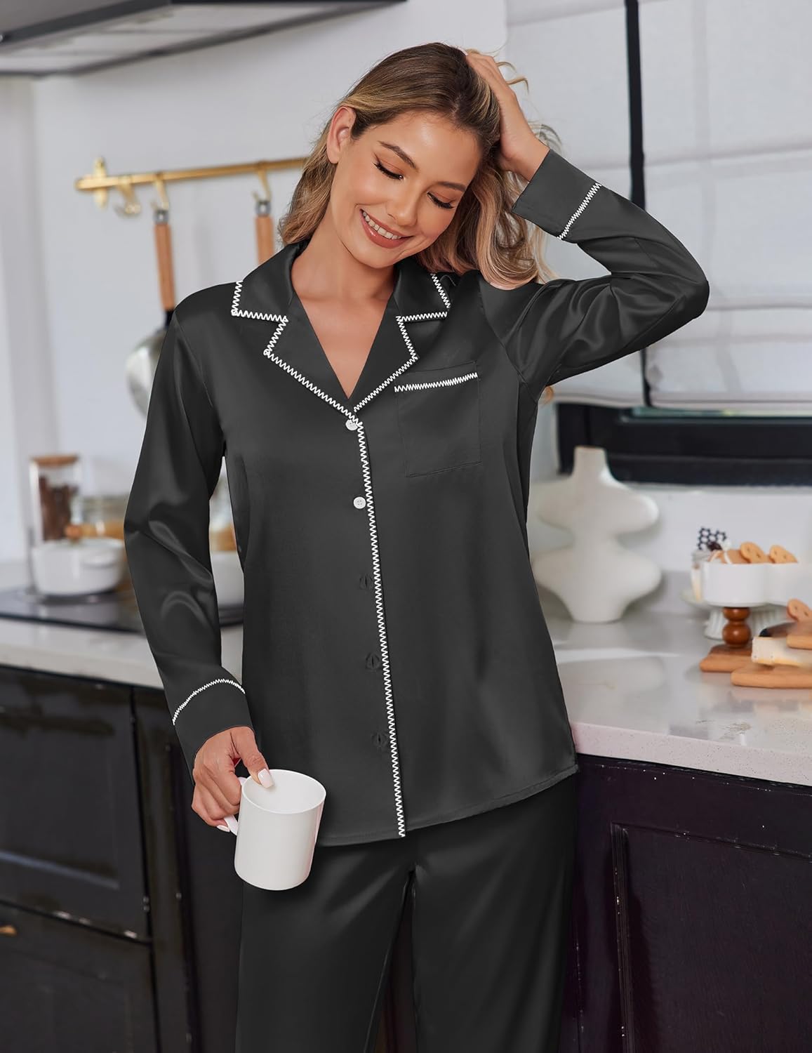 Ekouaer Satin Pajama Set for Women Silky Sleepwear Long Sleeve Top and Pants Button Down Pjs Lounge Set - Image 2