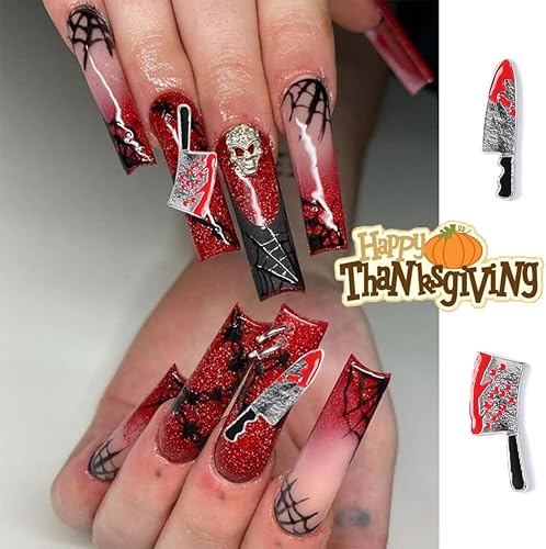 Miniatura 4 de Abalorios de aleación para uñas de Halloween, cuchillo rojo plateado de terror, gemas de uñas con cuchillo metálico sangriento 3D, dijes de arte de