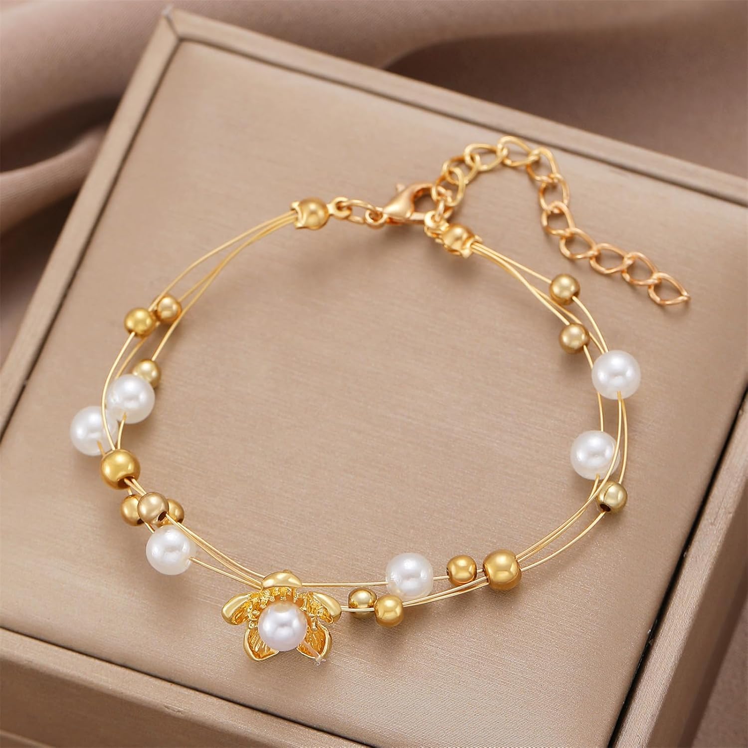 Gold Bracelet for Women Pearl Flower Charm Bracelet Vintage Rose Temperament Bracelet Dainty Gold Adjustable Bracelets Valentine's Day Mothers Day Birthday Jewelry Gift - Image 5