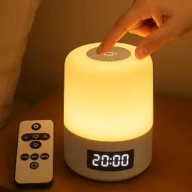 Luminária de Mesa LED Recarregável com Relógio Digital e Controle Remoto, Abajur Touch Dimerizável Portátil, Luz Noturna Infantil para Quarto, Escritório, Berçário e Presente Criativo