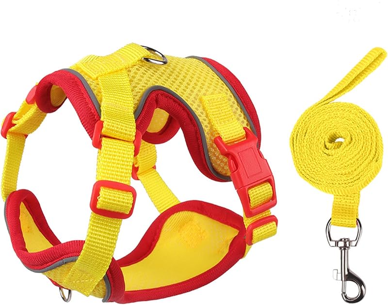 Peitoral com Guia para Gatos e Cães Pequenos Muejjur, Malha Respirável Ajustável, Refletivo, Vermelho e Amarelo, M