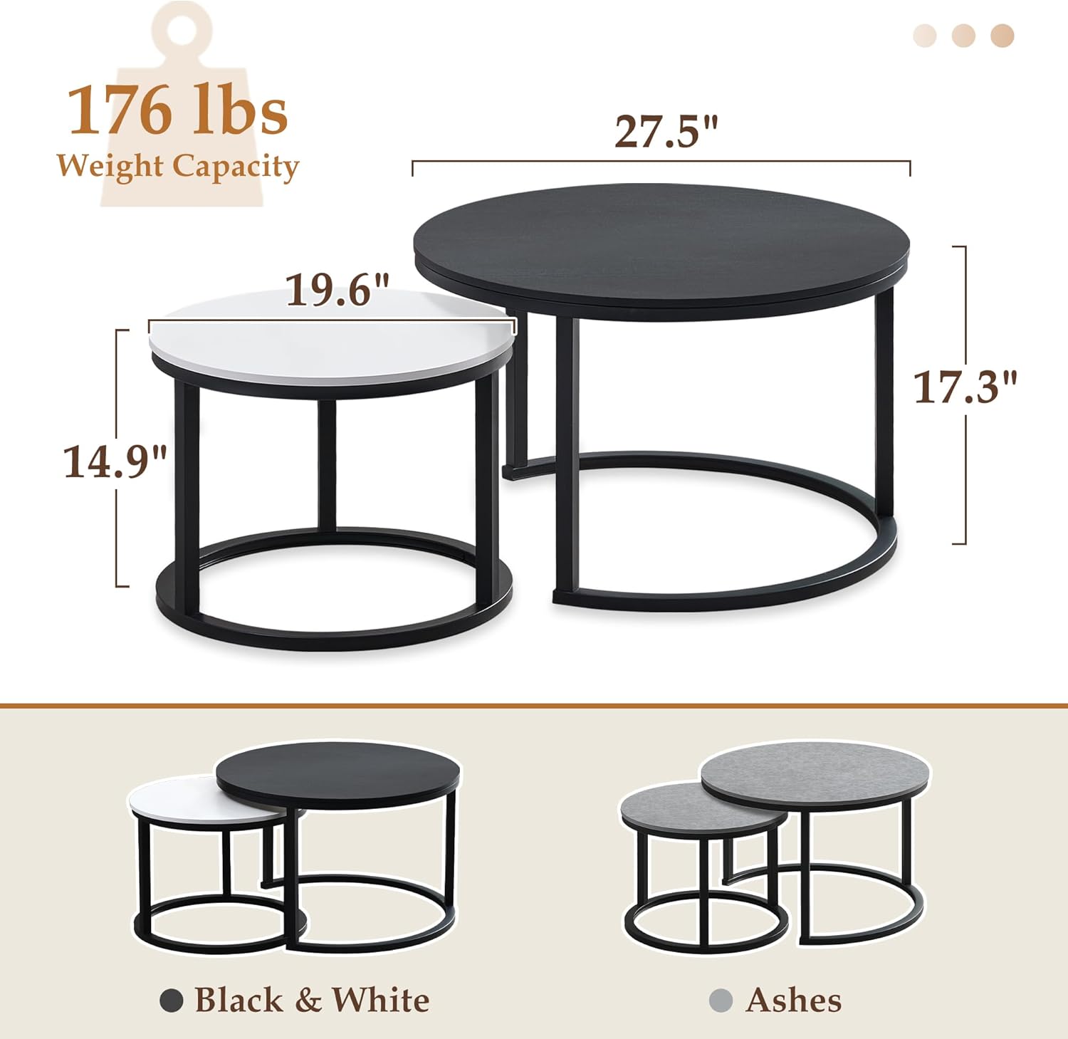 Jerry & Maggie Nesting Tables for Small Spaces 27.5" Round Industrial Farmhouse Set of 2 Coffee Table, Space-Saving Living Room, Bedside, Apartment Furniture (Black and White)