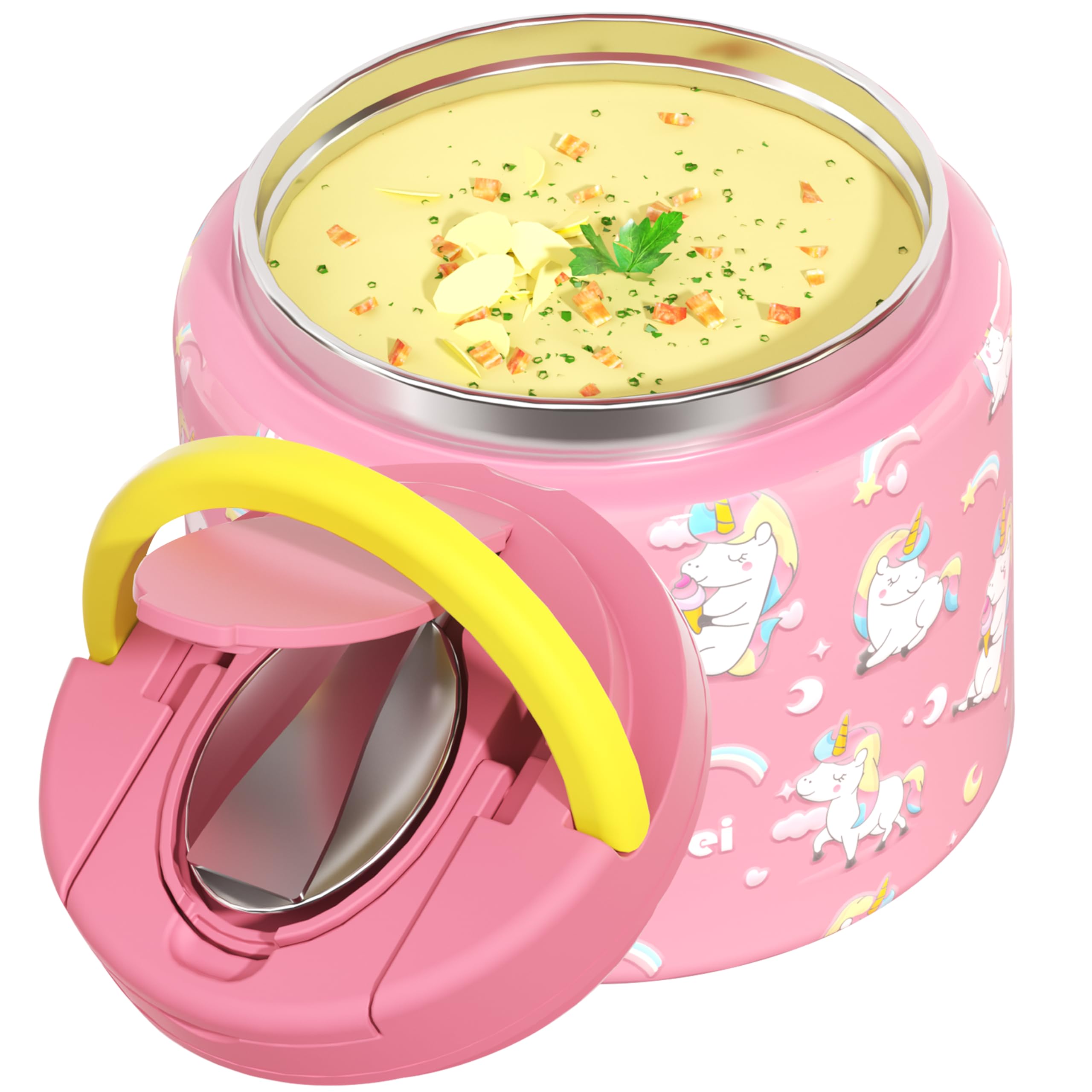 Termo de 11.8 onzas para alimentos calientes, acero inoxidable térmico para sopa, recipiente de comida caliente con cuchara plegable, tapa abierta, tarro de alimentos aislado para la 2