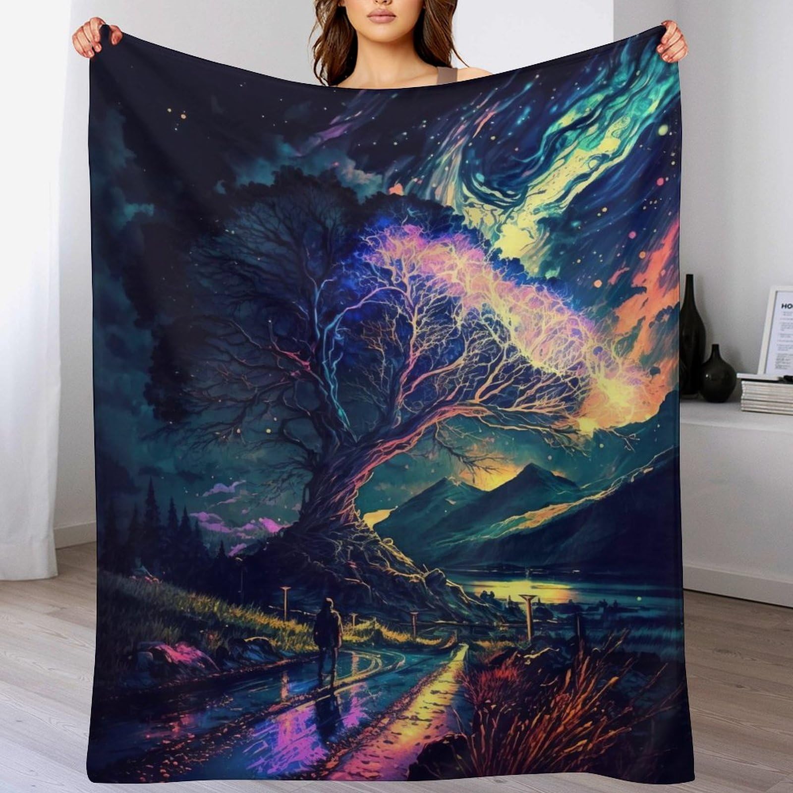 Couverture Arbre de Vie Cosmique douce légère plaid peluche pour lit et canapé-lit