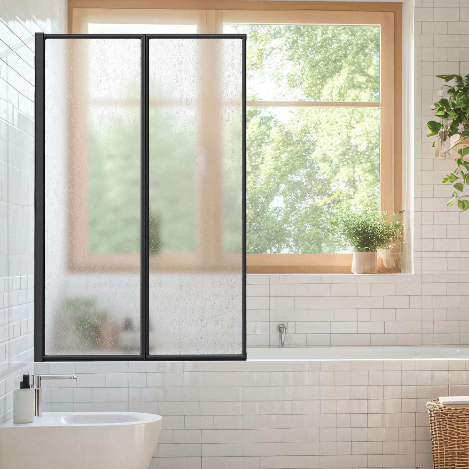 Pannello doccia per vasca da bagno, 100 x 140 cm, in plastica, pieghevole, 2 pezzi, telaio in alluminio nero, montato a sinistra o a destra, con struttura a goccia