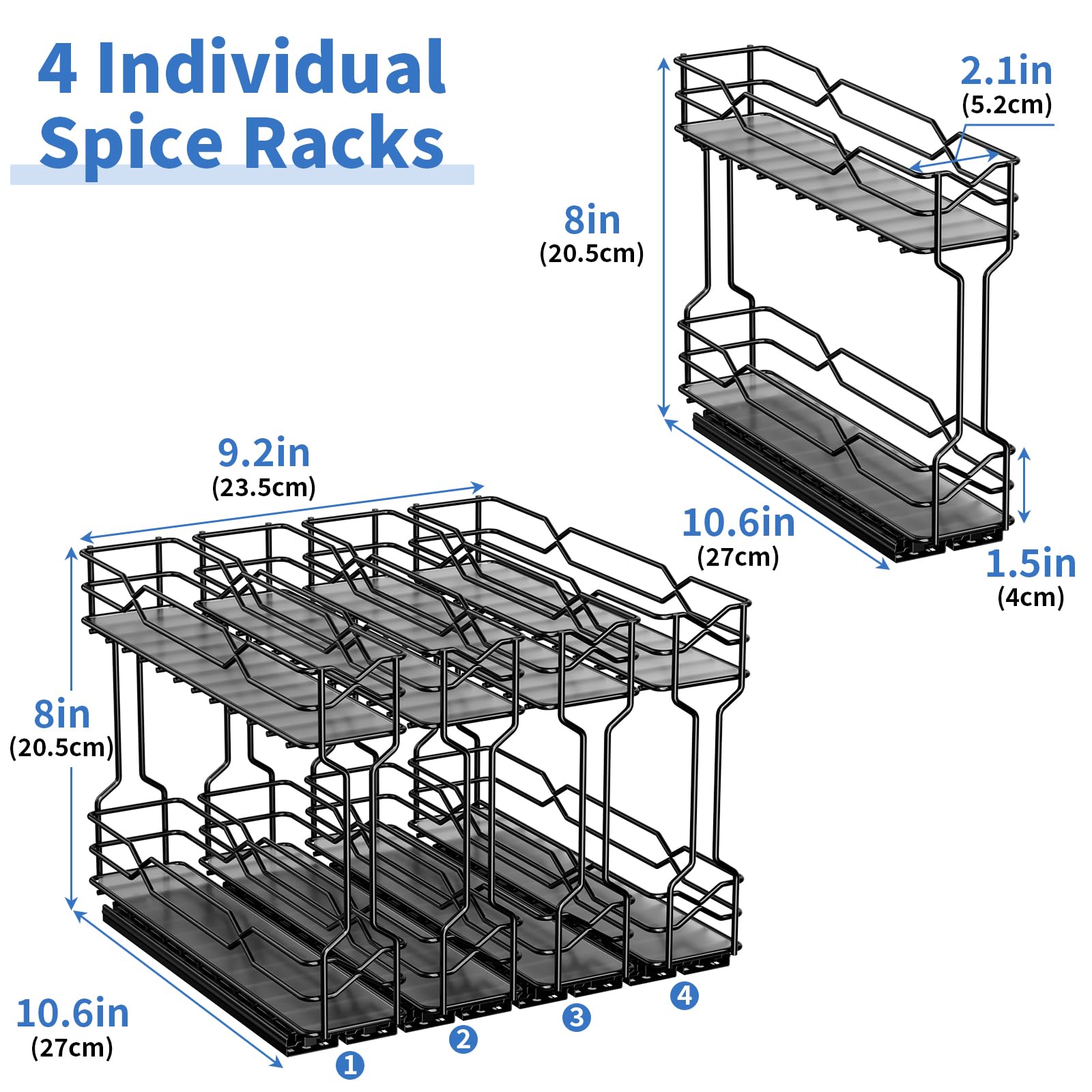 Gewürzregal Ausziehbar 4er-Pack, Gewürz Organizer Für Schrank | Modulares 4er-Pack, Doppelte Gleitschienen, Vollauszug-Design , Schwarze Metallkonstruktion, Einfache Montage, Schrank