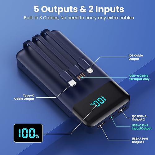 Miniatura 2 de Cargador portátil de 40800 mAh con 3 cables incorporados, PD 25 W USB C entrada y salida cargador de teléfono rápido, QC4.0 5 salidas de viaje,