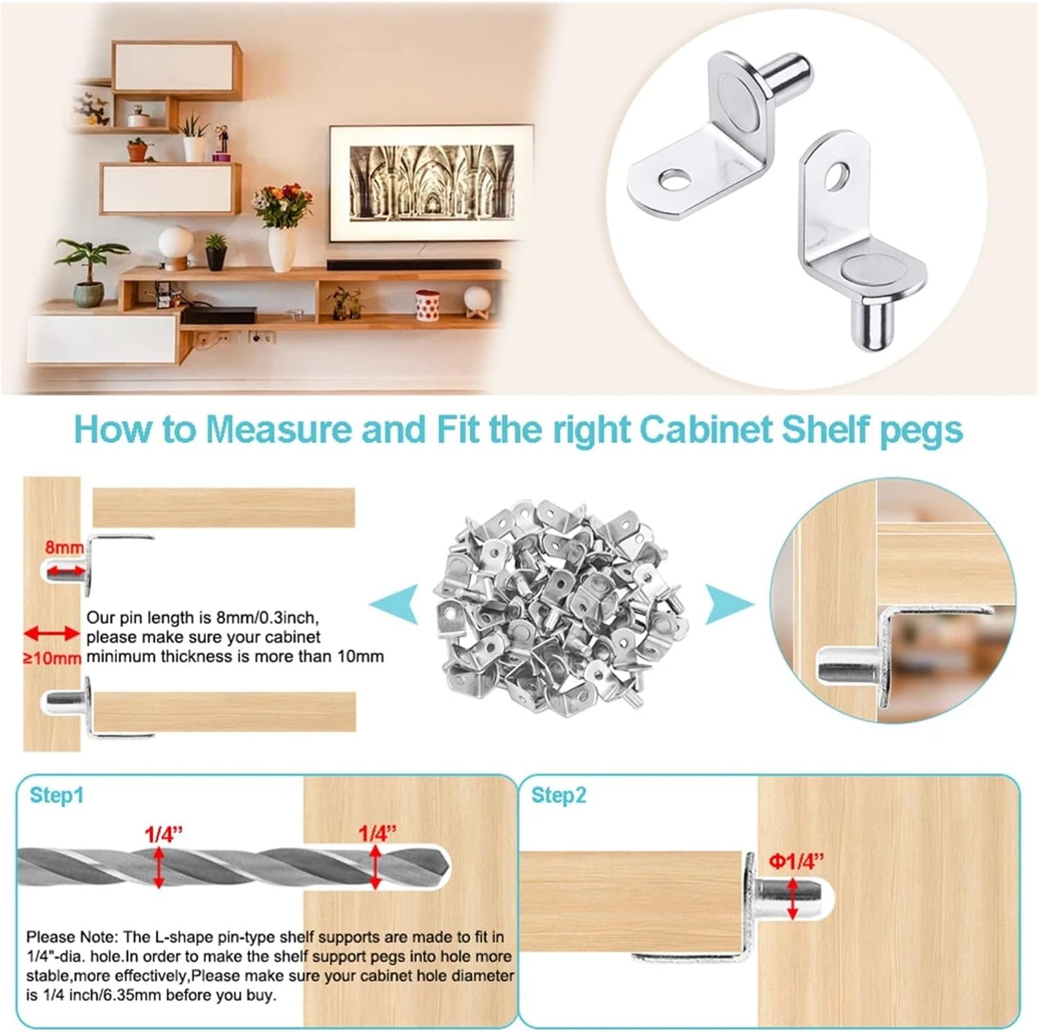 Cabinet Shelf Clips Cabinet Shelf Clips 40 Pcs 1/4" Diameter Support Pegs: L-Shaped with Hole for Kitchen, Bookcase, & Closet Furniture