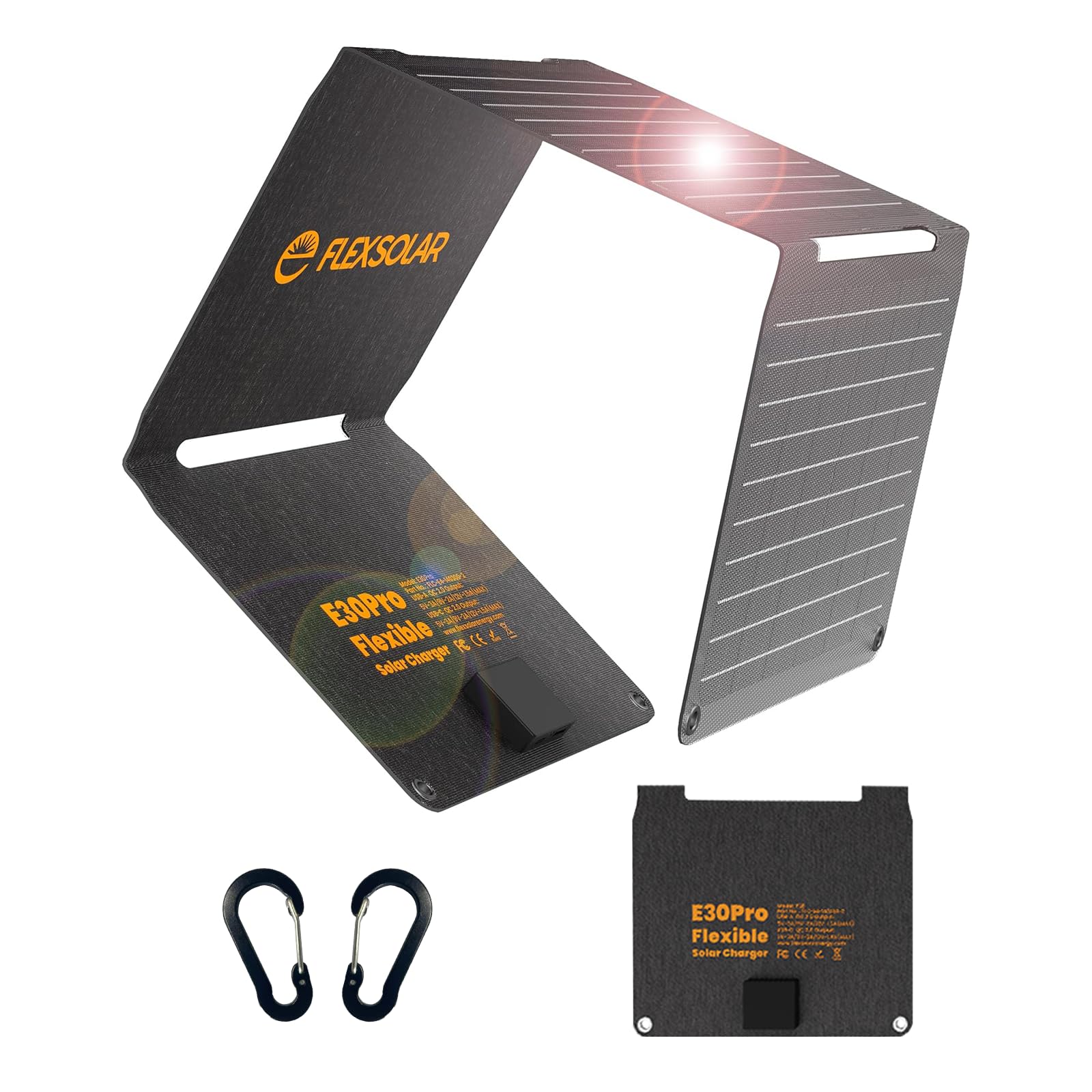 FlexSolar Tragbares faltbares Solarpanel mit 30 W QC3.0 18 W USB-A USB-C Wasserdicht IP67 Schnellladung für Handys, Tablets, Powerbank, Kamera, Taschenlampe für Camping und Wandern
