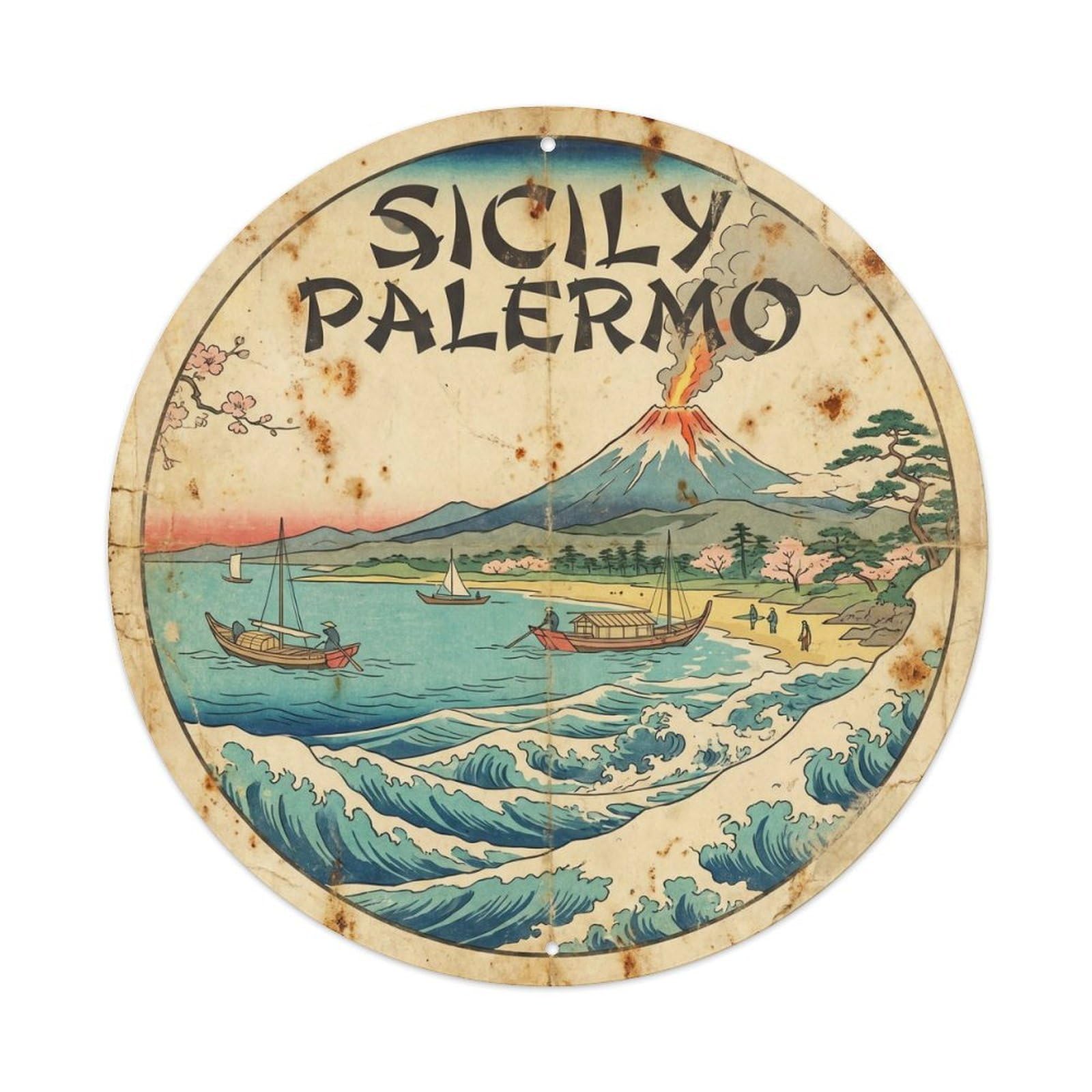 Sicily Palermo Old Coast Woodblock Travel Metal Tin Sign