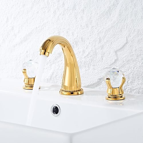Miniatura 2 de Grifo del fregadero del cuarto de baño 3 agujeros montado generalizado latón baño grifo cristal manija mezclador oro Ti-PVD (oro)