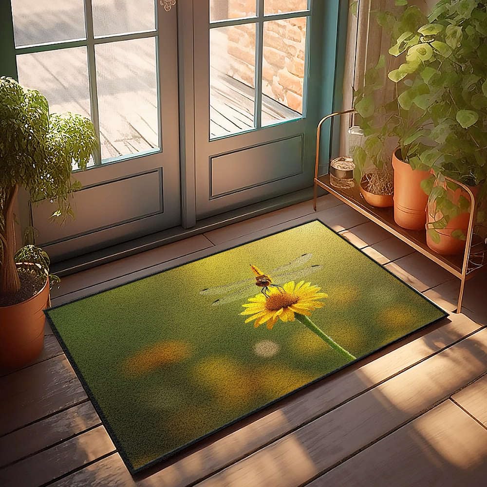 Paillasson personnalisé libellule fleur jaune 50x80 cm pour entrée