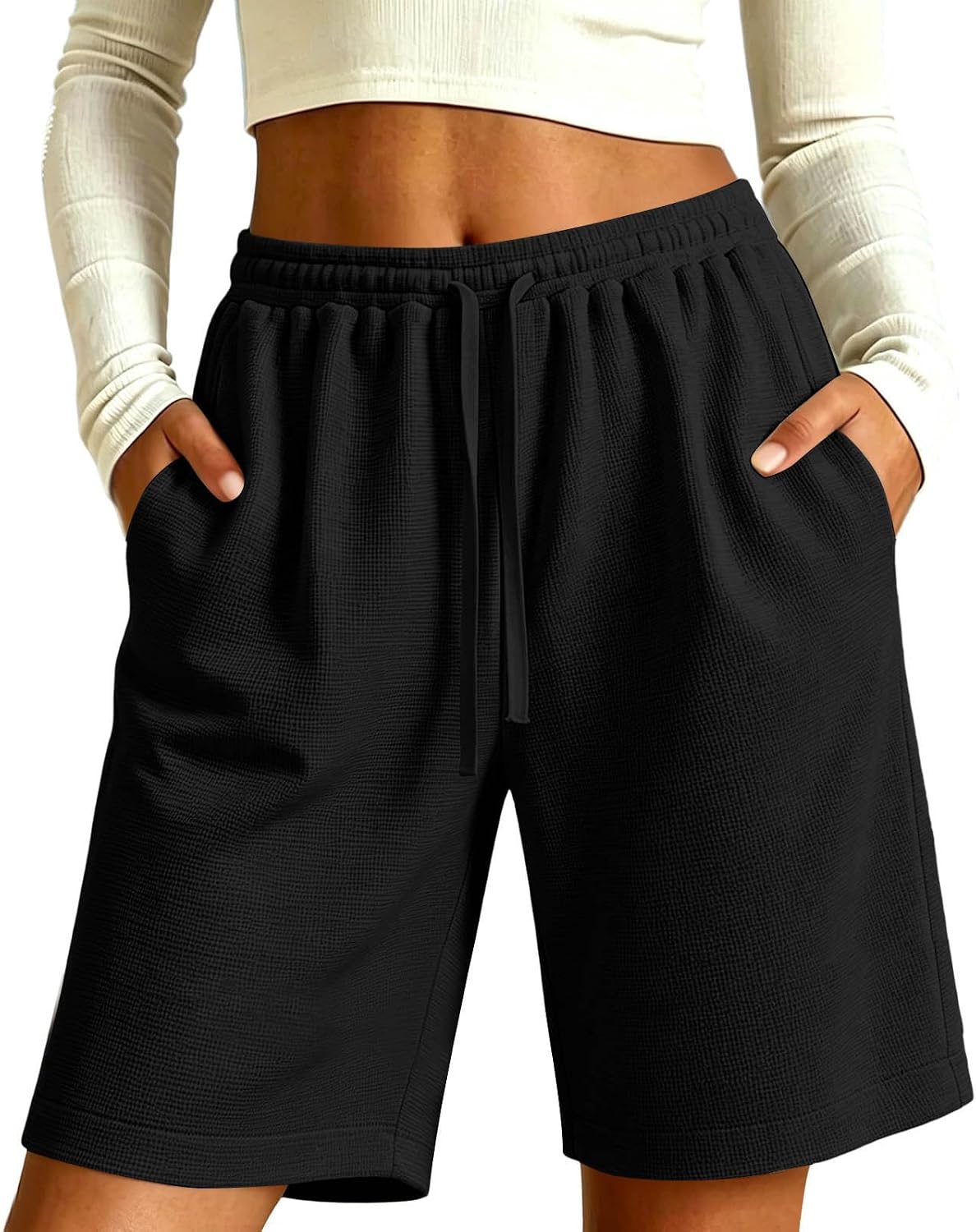 Women's Waffle Lounge Bermuda Shorts - Casual Elastic Waist Summer Loose Running Athletic Yoga Shorts with Pockets