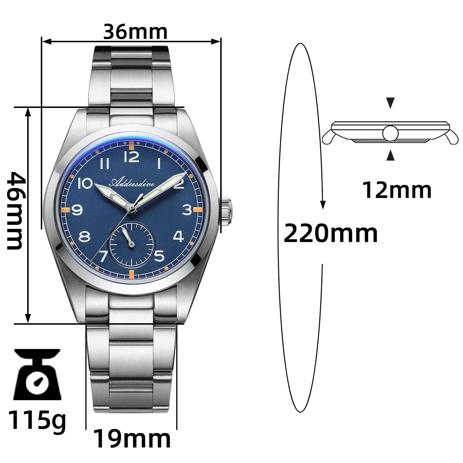 ADDIESDIVE herrenuhr Quartz 36mm Edelstahl wasserdicht 100m Uhr AD2099 Japanisches VH60-Uhrwerk mit 24-Stunden-Zifferblatt BGW9+C3 superluminova Business&Freizeit Armbanduhr