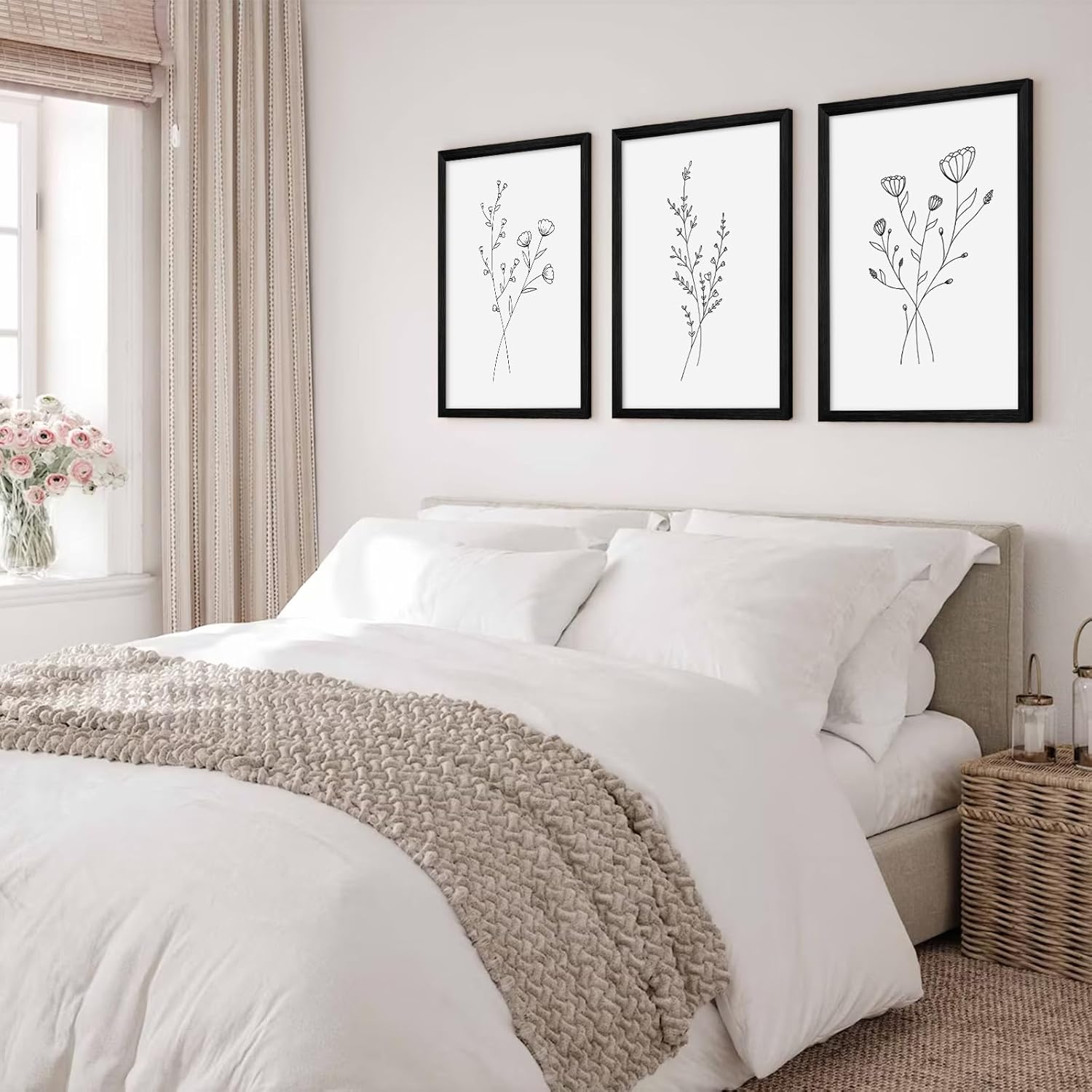 Flower Line Wall Art Set of 3 Botanical Canvas Wall Decor Floral Minimalist Wall Art Abstract Plant Pictures Flower Line Prints Black White Floral Artwork for Room Bedroom 16x24 Inch Framed