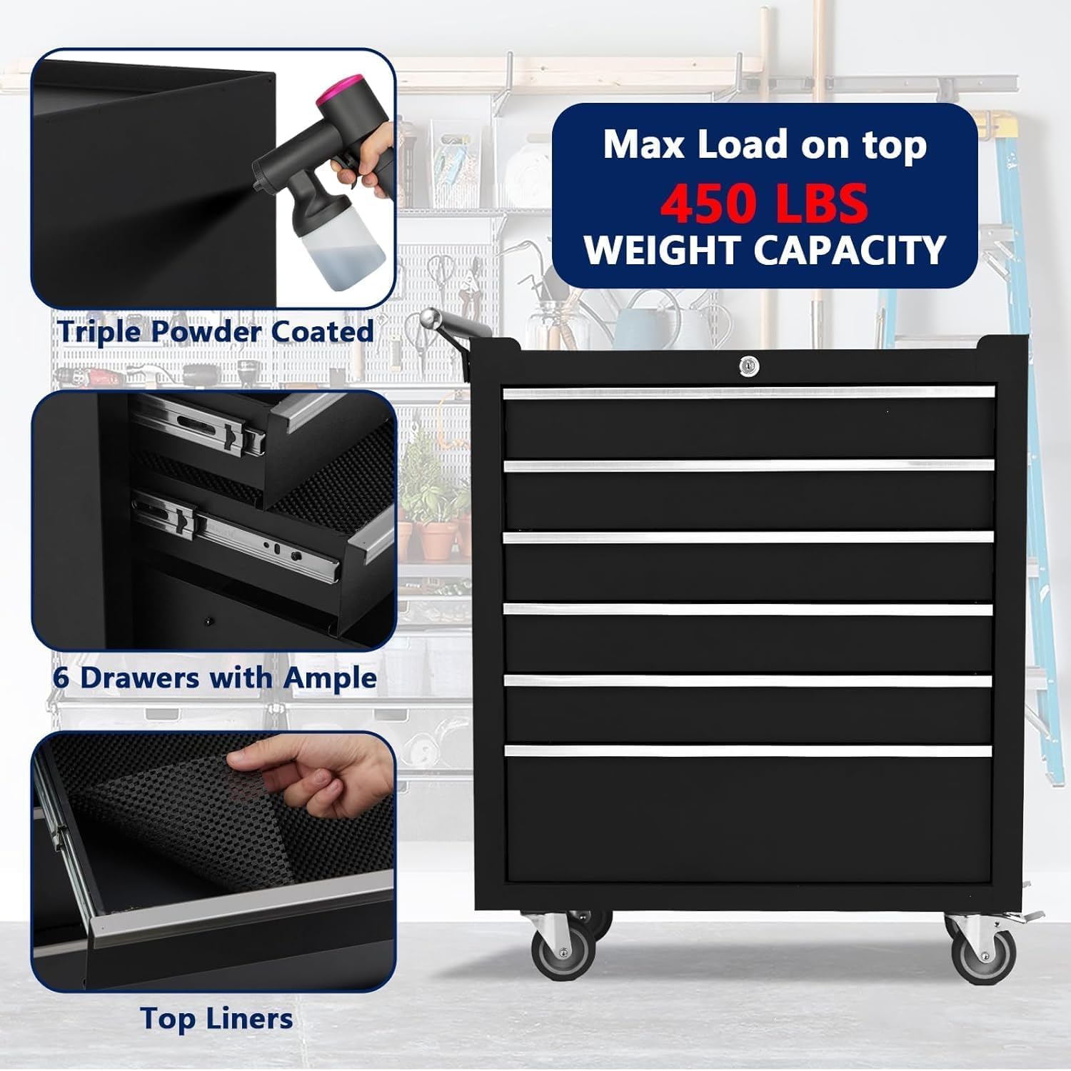 6-Drawer Tool Box with Wheels, 24 inch Rolling Tool Chest and Organizer for Garage & Workshop, Includes Detachable Top, Lockable Wheels and Sliding Drawers, Essential Tool Chest Cabinet Organizer