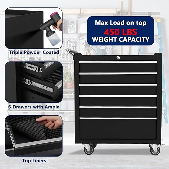 Rolling Tool Box with Wheels, 6 Drawer Tool Storage Cabinet, Portable Toolbox Organizer with Lock, Heavy Duty Tool Chest Cart for Garage, Mechanic, Workshop, Shop, Mobile Tool Organizer, Black