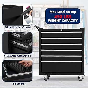 Rolling Tool Box with Wheels, 6 Drawer Tool Storage Cabinet, Portable Toolbox Organizer with Lock, Heavy Duty Tool Chest Cart for Garage, Mechanic, Workshop, Shop, Mobile Tool Organizer, Black