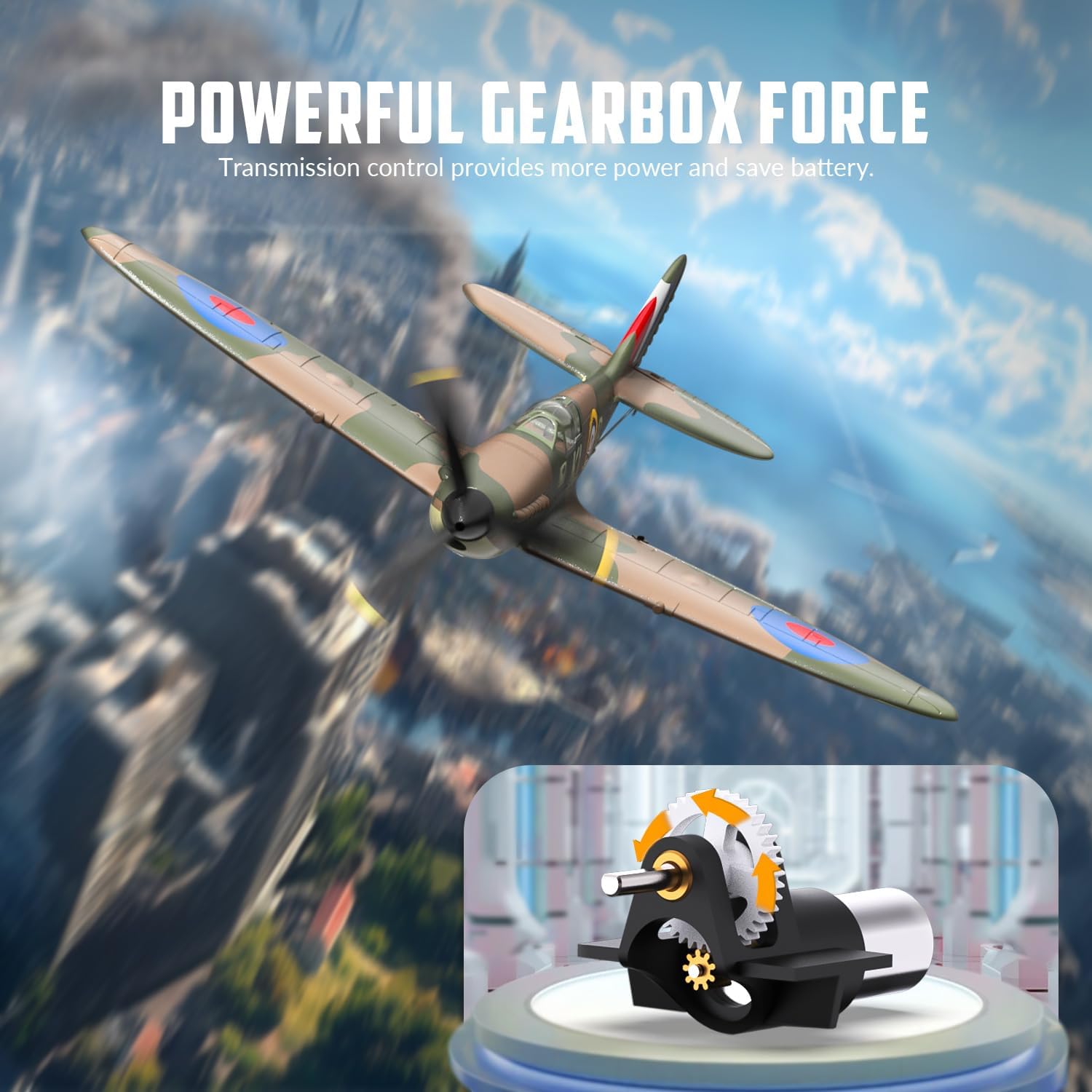 volantexrc Aereo RC, Caccia Spitfire V2 Telecomandato 4 Canali RTF con Alettoni, Gyro, Funzioni Acrobatiche e 3 Modalità, Facile da Pilotare, Aeromobile Radiocomandato