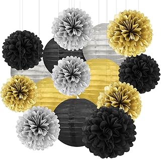 Black Silver Gold Party Decorations - 15Pcs Paper Flowers Tissue Pom Poms Paper Lanterns Graduation Hanging Decor Retirement Decoration 50th 80th 90th Men Birthday Anniversary HongTongTong