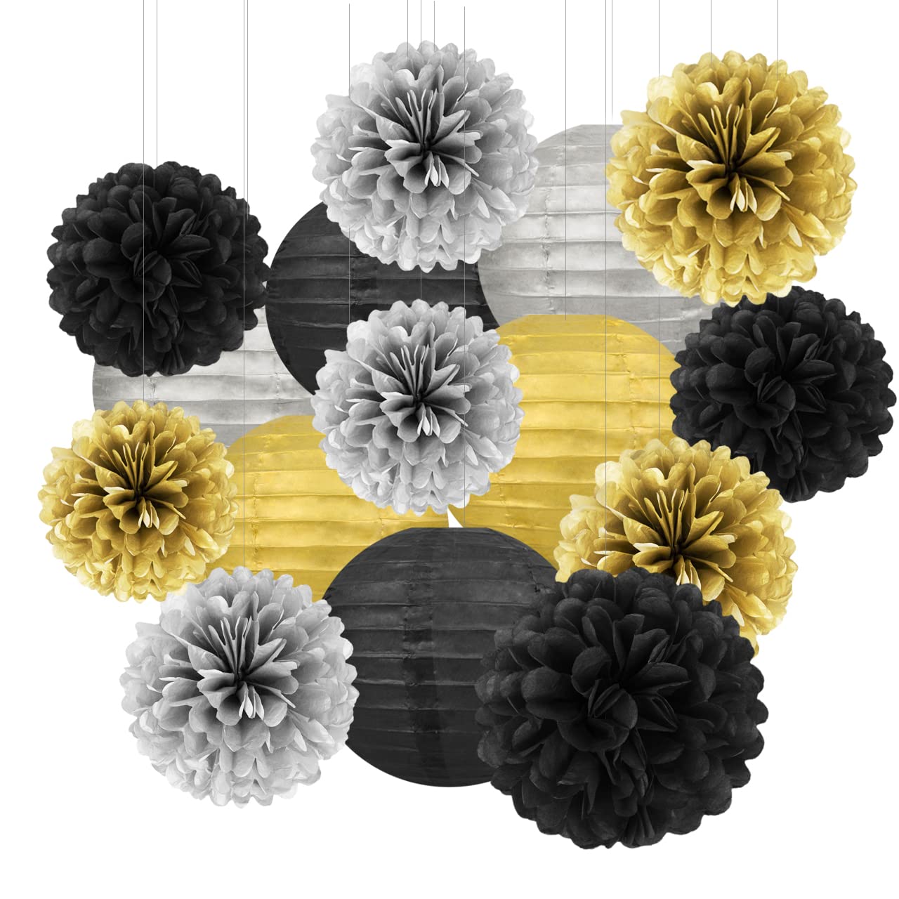 Black Silver Gold Party Decorations - 15Pcs Paper Flowers Tissue Pom Poms Paper Lanterns Graduation Hanging Decor Retirement Decoration 50th 80th 90th