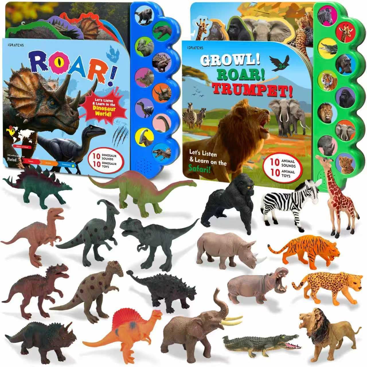 Safari Animal Toys with Sound Books & Dinosaur Toy with Sound Book, Board Book with 10 Buttons & 20 PCS Truck Toys & Animals for 3+ Year Old