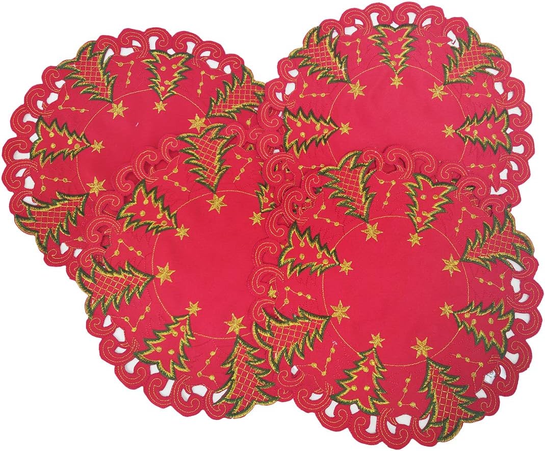 Fennco Styles Pandora Collection Holiday Christmas Tree 14 Inch Round Placemats, Set of 4