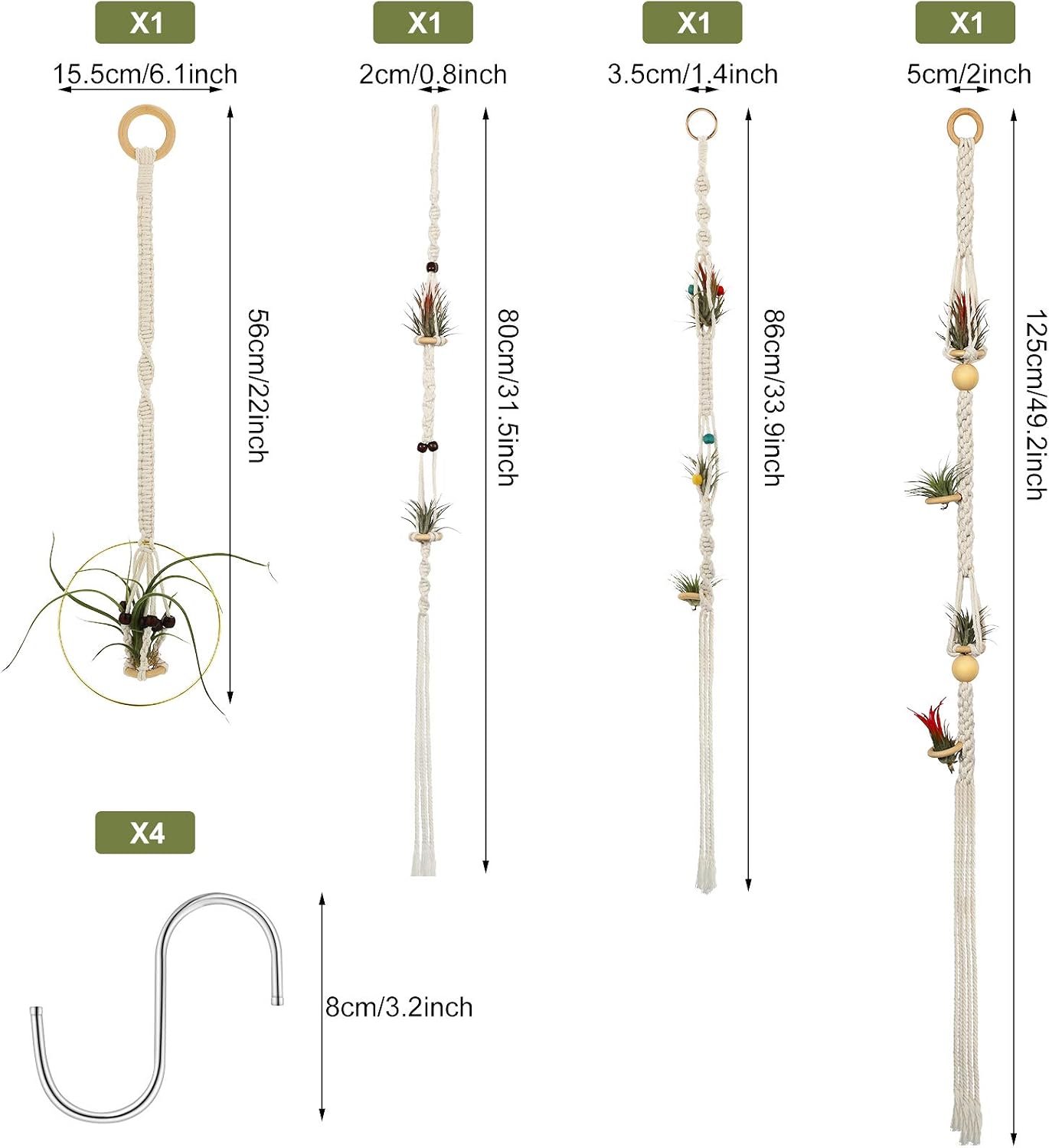 Tatuo 4 Pieces Hanging Air Plant Holders Boho Macrame Plant Hanger Fabric Woven Air Fern Display with 4 Pieces Hooks for Home Decoration Gift Idea image 2