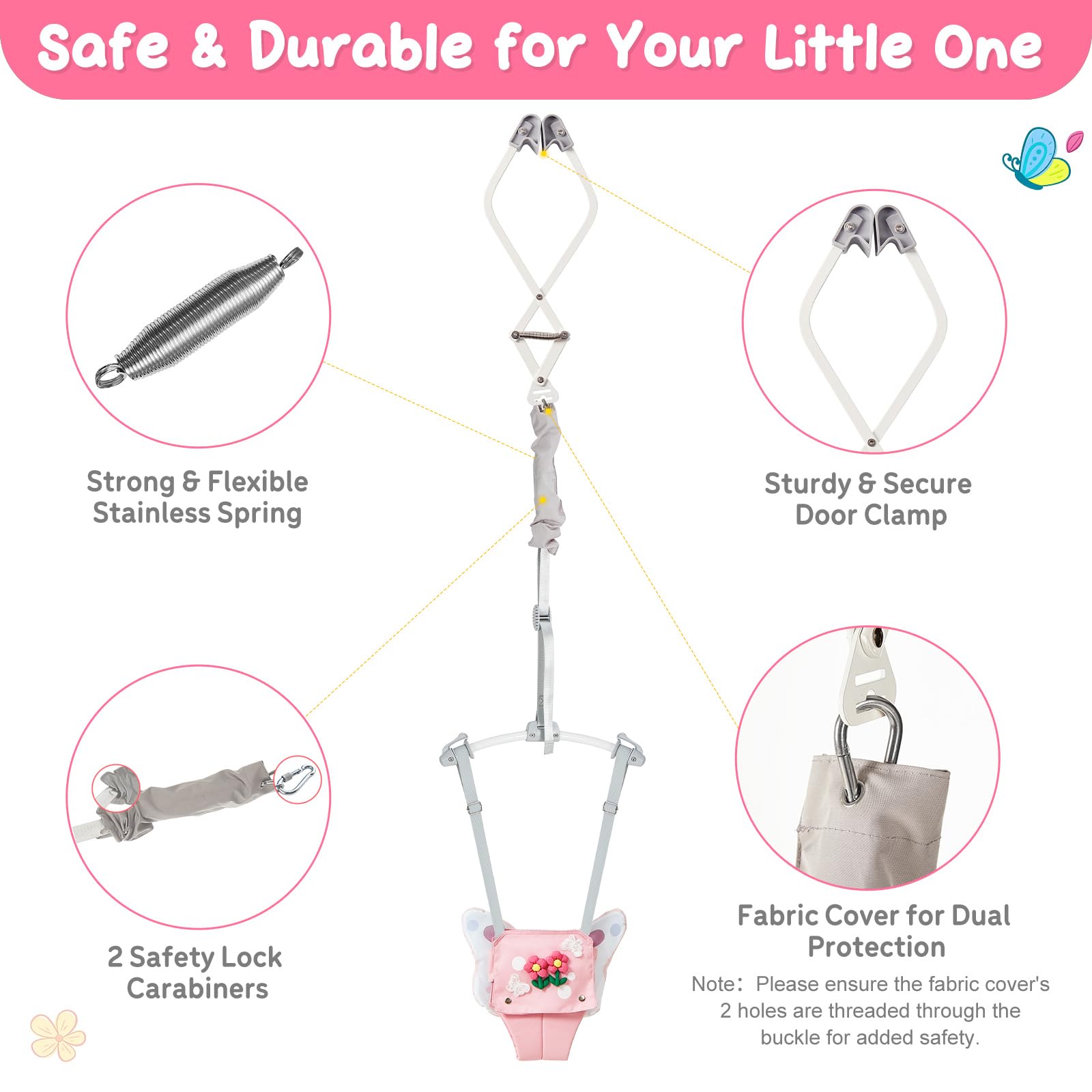 FUNLIO Baby Türhopser für 6–24 Monate (mit Türklemme), Baby Jumper mit starker Feder/verstellbarem Riemen, einfach zu montieren und zu lagern Baby Hopser, Tragfähigkeit 18 kg – Rosa Schmetterling