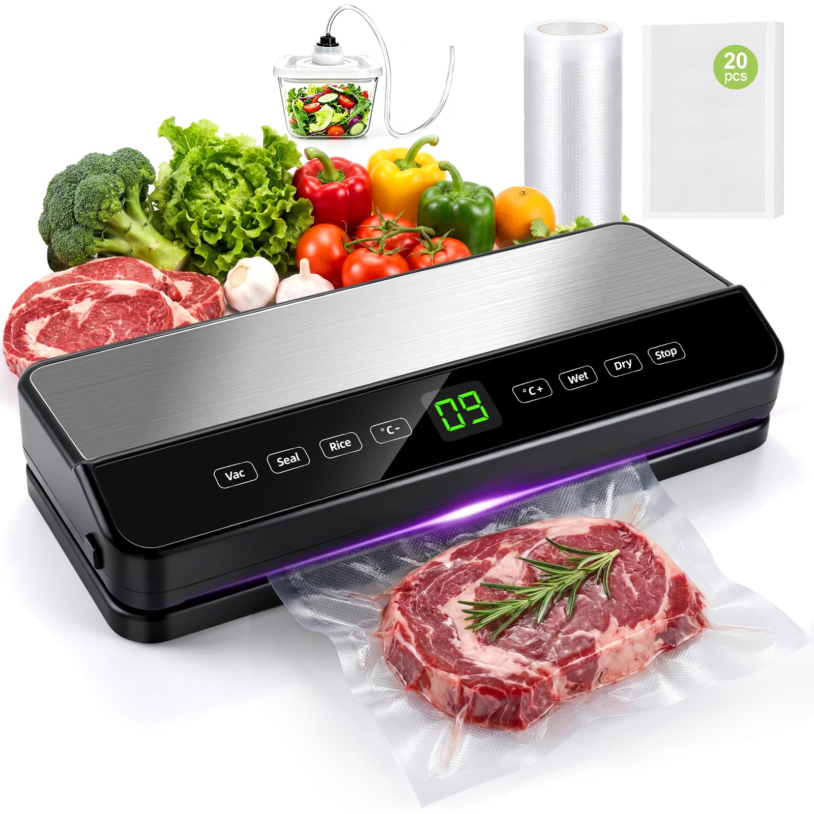 Machine Sous Vide Alimentaire, Automatique Secs et Humides Appareil de Mise Sous Vide, Machine vide Appareil Professionnel avec Cutter intégré, 20 sacs sous vide, 1 sac enroulable et Tube Sous Vide