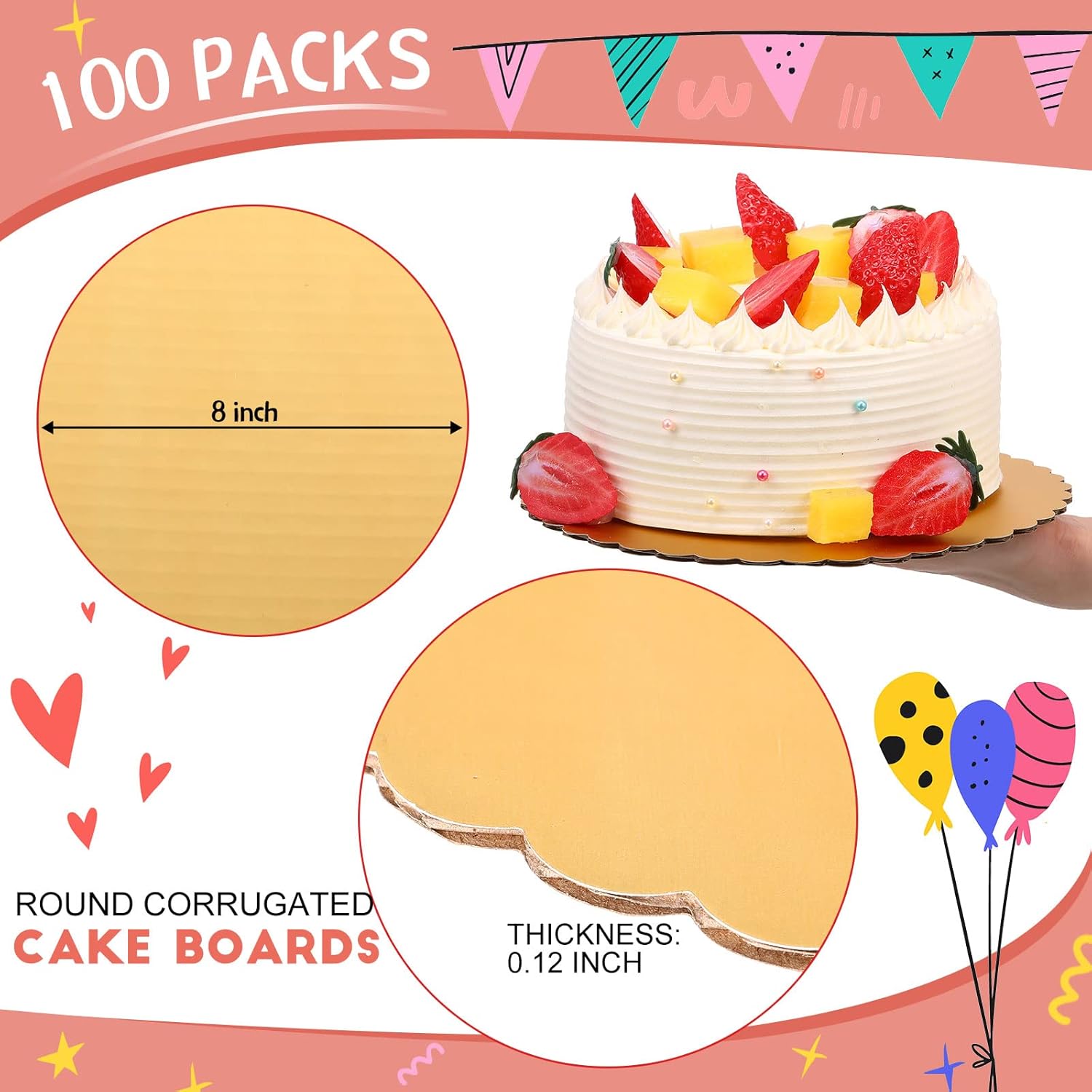 Eaasty 100 Pack Gold Cake Boards Round Cake Base Boards Disposable Plate Scalloped Bases Round Coated Circle Trays Base for Dessert Party Supplies(8 Inch)