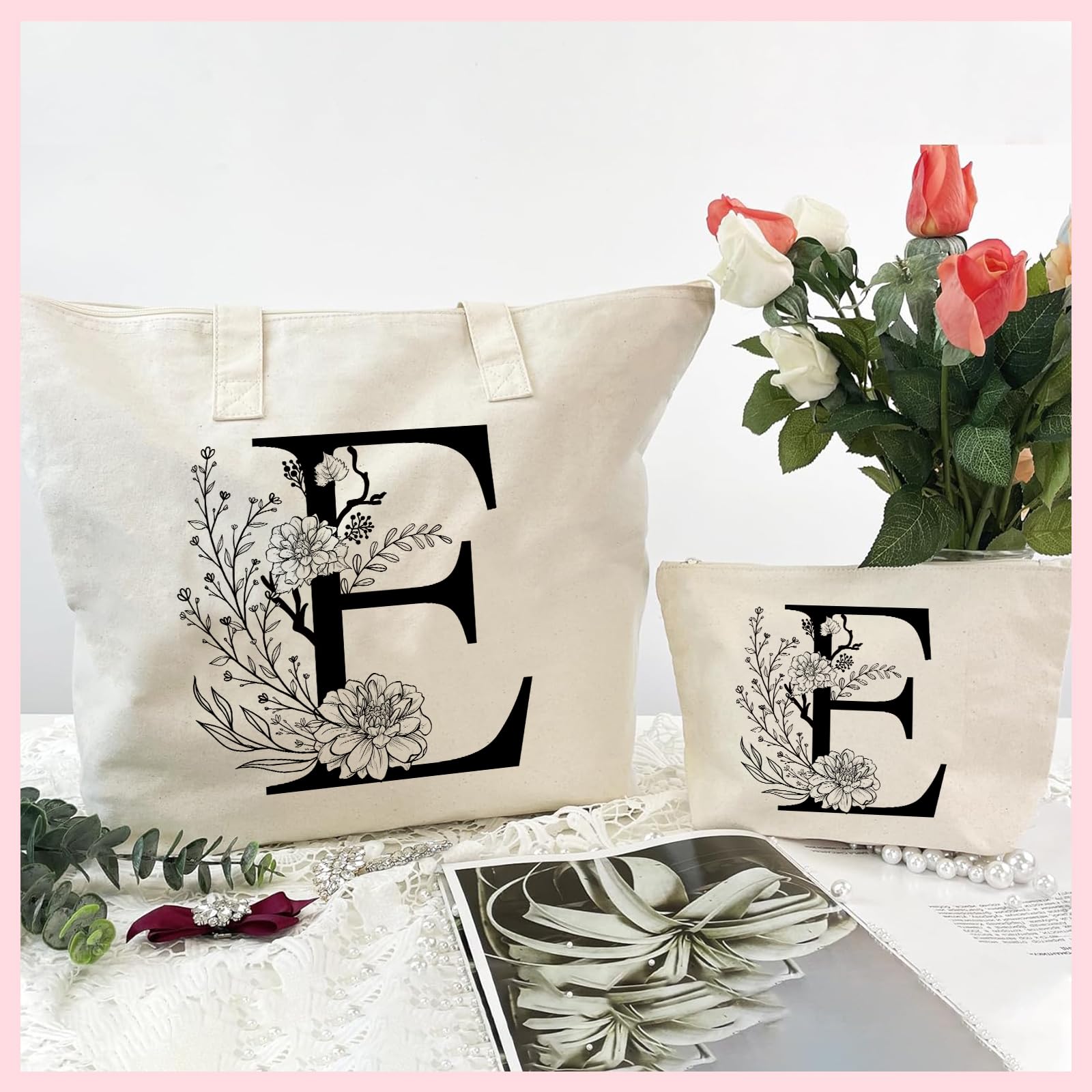 Personalizzata Iniziali Borsa Tote in Tela Donna, Cotone Tote Bag Borsa Shopper e Cosmetica Borsa, Idea Regali per Amica, Collega, Mamma, Regalo di Compleanni, Nozze, Natale E