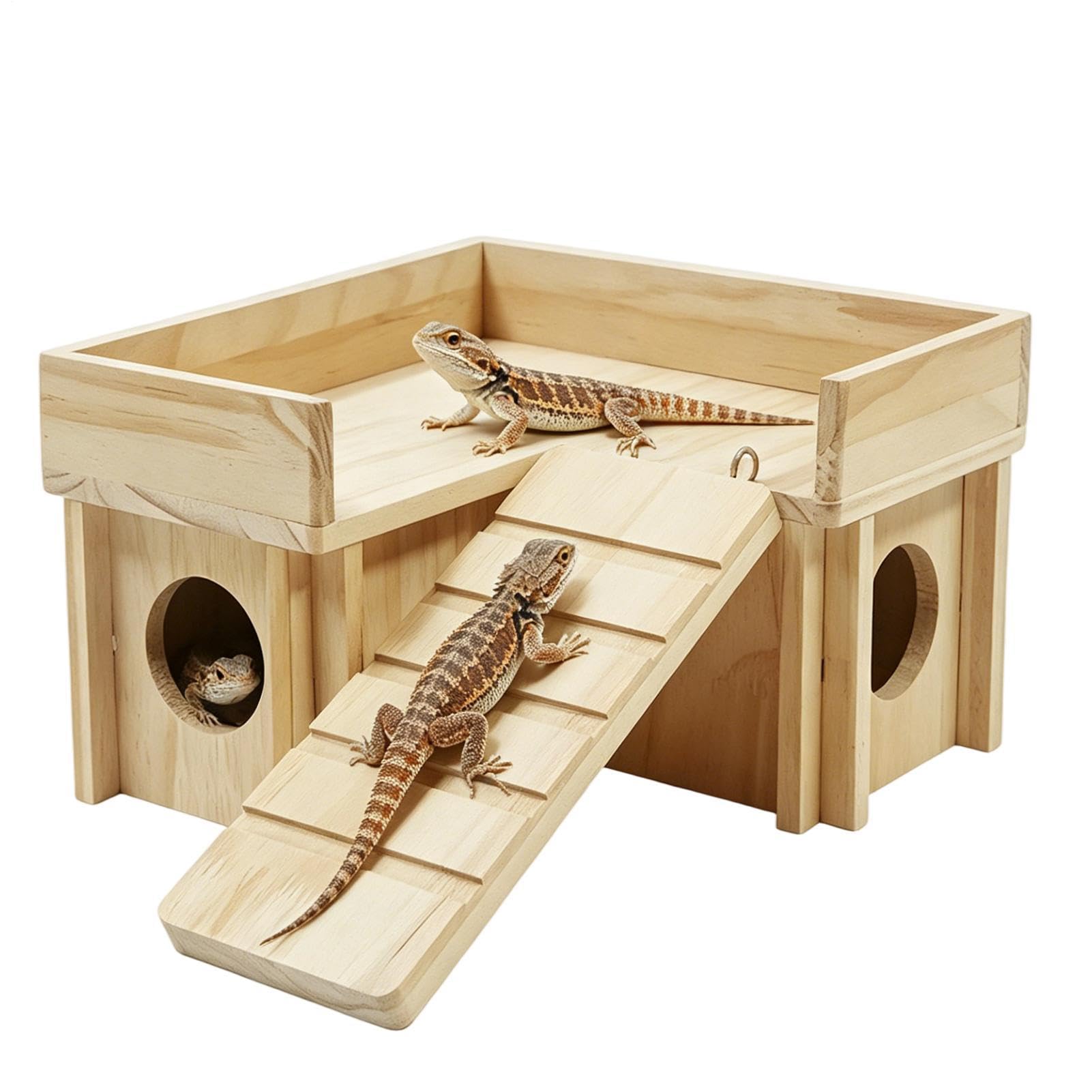 Escondite de madera para reptiles con rampa de escalada natural y zona de sol