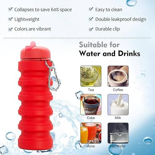 Miniatura 4 de Fortek Botella de agua plegable reutilizable de silicona roja para viajes al aire libre, camping, senderismo, deportes, gimnasio, esenciales, fácil