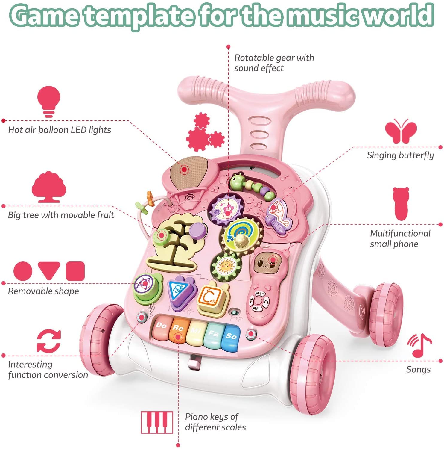 Andador Bebé primeros pasos, Caminante infantil, caminante de aprendizaje de 3 en 1 sentado, Centro de educación infantil temprana, regalo de juguete para niñas de 9 a 36 meses (Rosa)