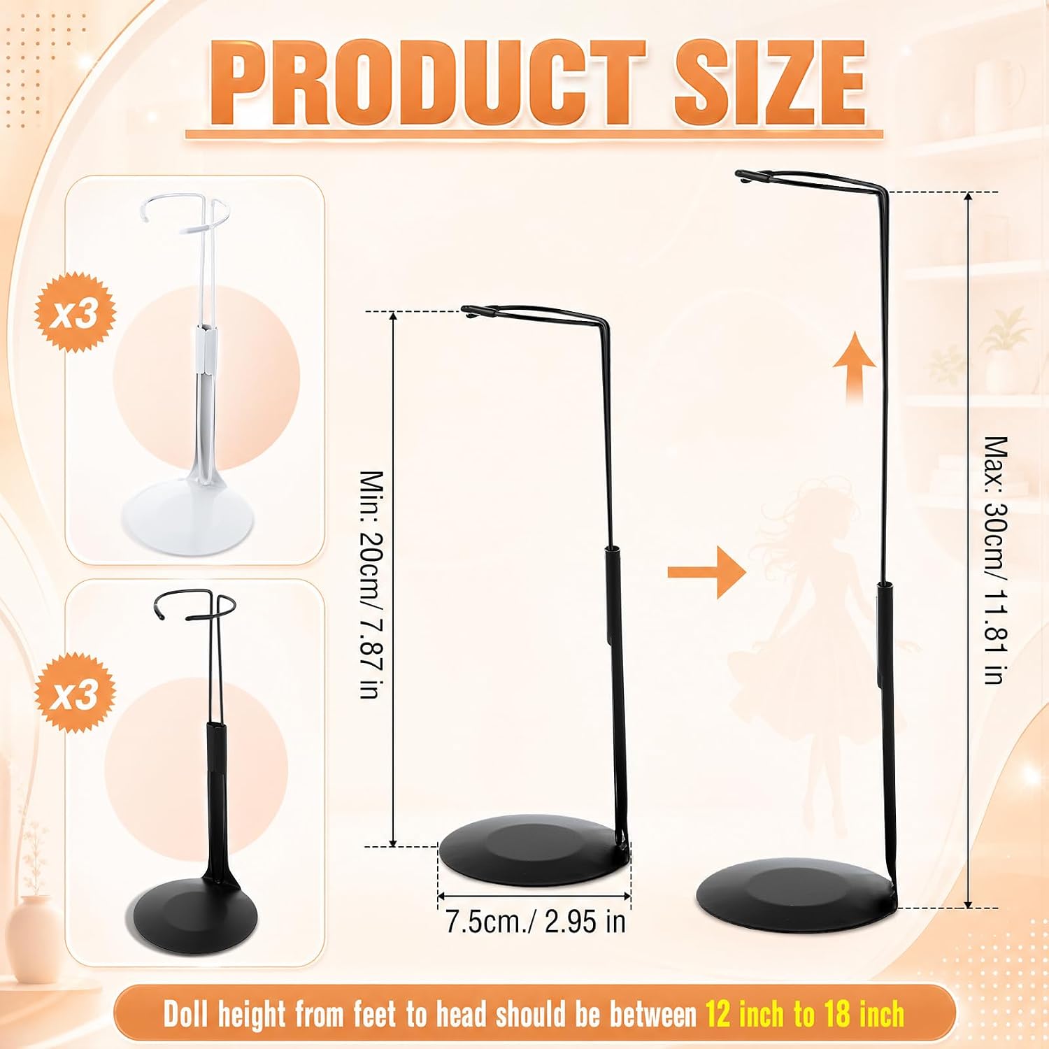 Yaocom 6 Pcs Adjustable Doll Stands for 12 Inch to 18 Inch Dolls Display Stand with Expandable Waist Wire Action Figure Display (Black and White) image 2