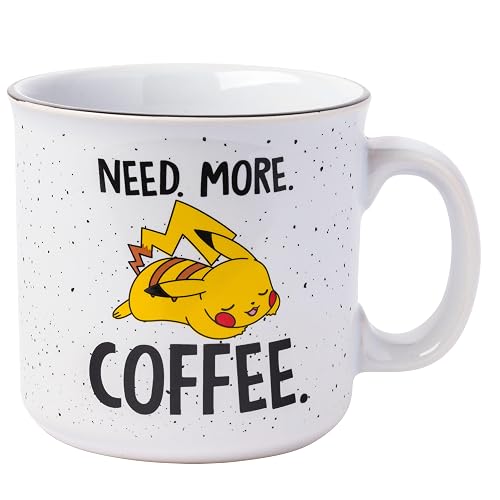 Silver Buffalo Pokémon Pikachu Need Coffee, Ceramic Camper Mug, 20oz | 0.59 Liters - Need More Coffee